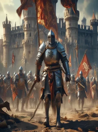 A dramatic medieval battle scene with knights in shining armor, detailed weapons and banners, a castle in the background, intense action, rich colors, 4K resolution
