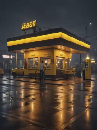ours en peluche jaune, a restaurant is lit up at night on a rainy day, gas station photography, cgsociety, sad cop looking at a, by Nōami, picture of a loft in morning, dark ominous mood, petrol energy, a quaint, photo realistic symmetrical, drive out, pouring, terminal dark, Style Cinematic