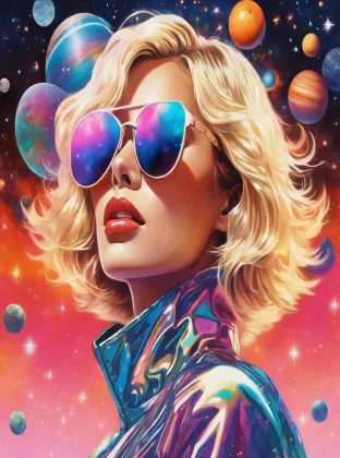 90s anime illustration of a blonde, wearing kaleidoscopic sunglasses which reflect a vast space galaxy full of stars and planets in it's lenses, whute bob haircut, far-out aesthetic, superrealism aesthetic, symmetrical composition by hajime Sorayama, colour scheme by lisa frank