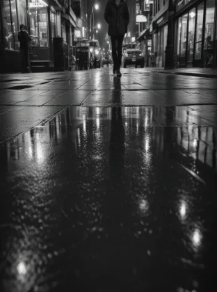Black and white street photography of a rainy night in New York, reflections on wet pavement