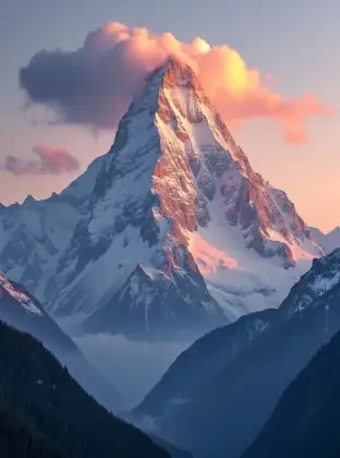 a majestic snow-capped mountain peak bathed in a warm glow of the setting sun
