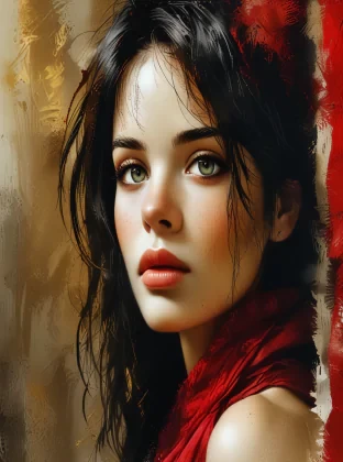 breathtaking portrait of a gorgeous girl, sultry, red scarf, dark gold and black, gossamer fabrics, jagged edges, eye-catching detail, insanely intricate, vibrant light and shadow , beauty, paintings on panel, textured background, captivating, stencil art, style of oil painting, modern ink, watercolor , brush strokes, negative white space
