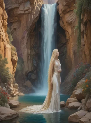 An ethereal artwork depicting a beautiful woman with long, flowing blonde hair, enveloped in a waterfall set in the Nevada desert. The painting features intricate details and rich, jewel-toned colors, with symbolic elements and a mystical atmosphere. The woman's serene and otherworldly presence, along with the dramatic landscape, is rendered in Gustave Moreau's characteristic elaborate and symbolic style