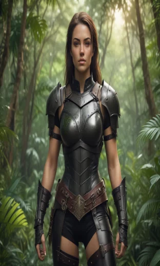 A realistically drawn (((female warrior))) standing confidently in a lush, tropical wilderness, dressed in sleek, functional leather armor, her face set in resolve, amidst a vibrant jungle backdrop