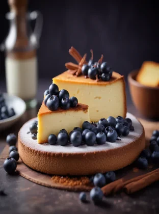 food photography, cheese cake, blueberries, cinnamon, in a luxurious Michelin kitchen style, depth of field, ultra detailed, uplight, natural features --q 25