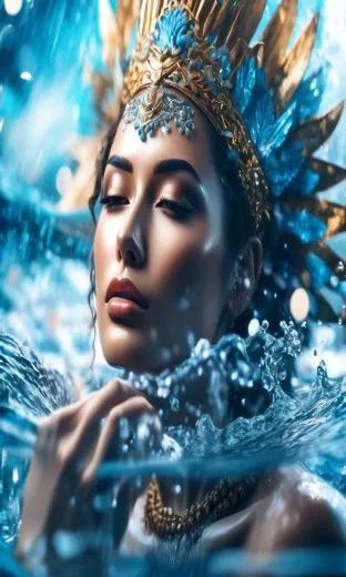 A goddess of water, hyper-realistic, intricate details, bright face, glossy lips, high quality, 8k