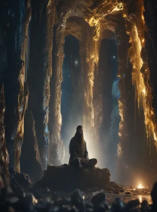 "a award winning heroic shot of a mountain king in a stunning detailed showcave, epic mountainking meditate about life, long curly beard, glowing blue eyes, cave is like a big dome, fantastic stalagmites and stalactites, (cinematic lighting:1.1), moody lights, heroic pose, in the style of photorealistic fantasy, still from a oscar winning fantasy movie, 50mm zeiss supreme prime lens, clear and sharp focus, shallow dof, fantasycore, stonecore, beautifully color graded, dynamic composition, sparkle, (diamonds:1.1), (lens flare:1.05)