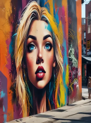 A vibrant urban street art scene with detailed graffiti, colorful murals, a bustling street with diverse characters, blond pretty woman, dynamic composition, high contrast, 4K resolution