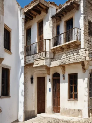 Build, in the style of the popular style houses of the towns of southern Spain, very rustic construction, made of stone and with whitewashed favha using white and light blue in its decoration. Stone roof. Impossible architecture. High contrast