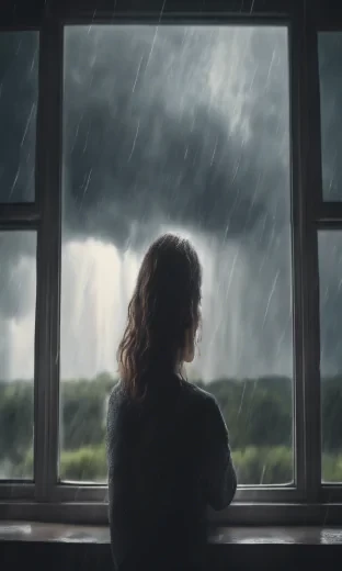Woman watching thunderstorm through a window on a grey cloudy day, abstract painting style, 8k