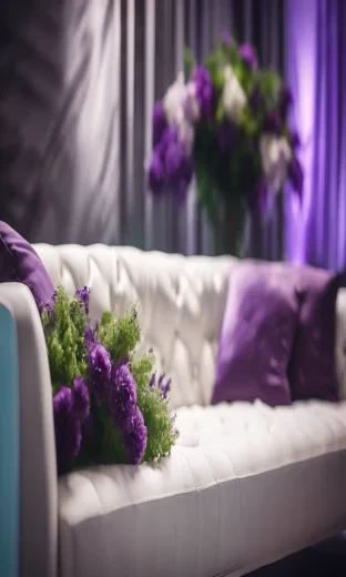 Create a shot of modern white couch i a modern place, framed with violet and green flowers, very realistic, highest resolution