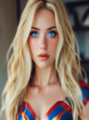 instagram photo of blond superwoman, pretty face, blue eyes, 4K