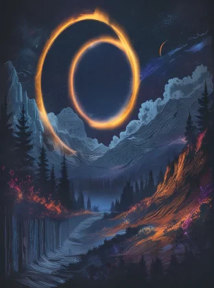 Landscape, night, solar eclipse, disappearance, special aura, detailed, chaotic drawing style