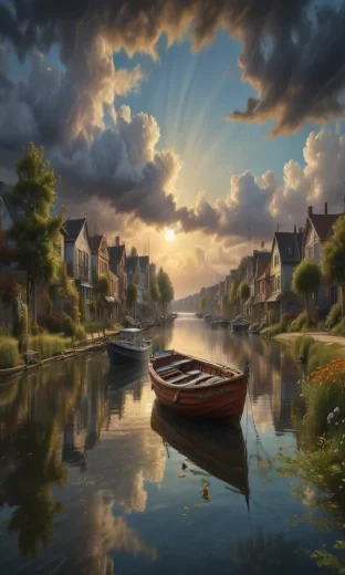 At the end of summer the boat in the water, in the style of hyperrealistic cityscapes, Dutch landscape, dramatic skies, digital painting and drawing, majestic ports, mixed Josephine Wall and Andy Kehoe
