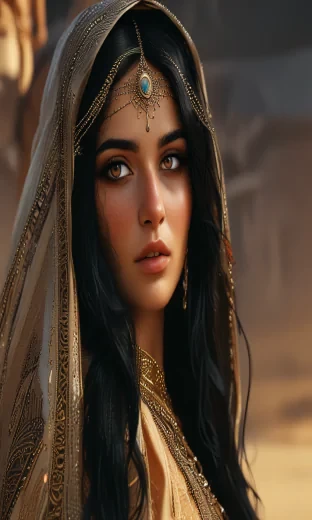(Black eyes), Queen of Arabia, utter beauty, long black hair, (ultra realistic), 8k, bright, (realistic lighting)