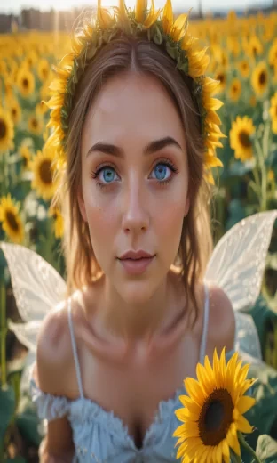 A fantasy fairy, beautiful face, symmetrical features, bright blue eyes, (full body), sunflower field, bright light, dreamy vibes, wide angle shot, high quality, 8k