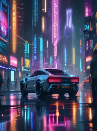A sprawling cyberpunk city at night, neon lights reflecting off rain-slick streets, flying cars, towering skyscrapers with holographic advertisements, detailed street scenes with diverse characters in futuristic attire, high contrast, 4K resolution