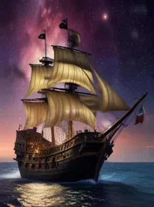 (Illuminated Pirate ship sailing on a sea with a galaxy in the sky), epic, 4k, ultra,