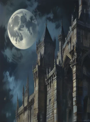 Gothic painting of an ancient castle at night, with a full moon, gargoyles, and shadows