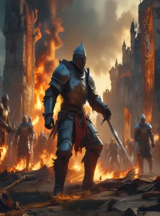 A dramatic medieval battle scene with knights in shining armor, fire, detailed weapons and banners, a castle in the background, intense action, rich colors, 4K resolution