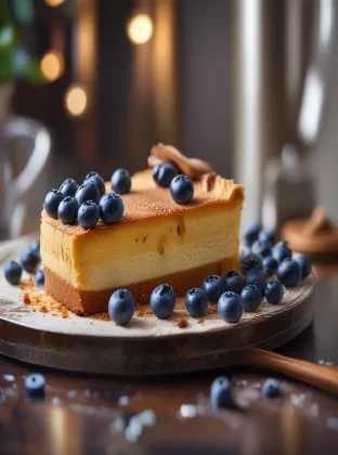 food photography, cheese cake, blueberries, cinnamon, in a luxurious Michelin kitchen style, depth of field, ultra detailed, uplight, natural features --q 25