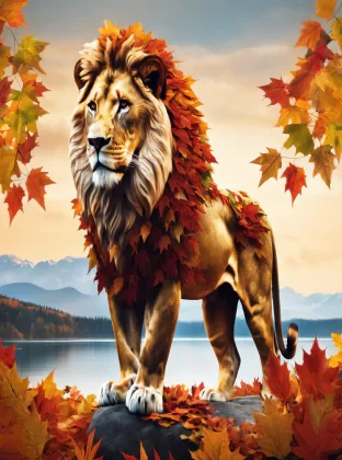 A lion made entirely of autumn leaves. standing on a hill overlooking a crystal clear lake