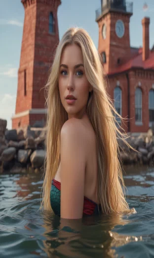 Mermaid, slim and curvy, long blond hair, in the water in front of a red brick lighthouse, wide shot, sharp focus, high detail, 8k, masterpiece, photo, bright light, sharp finish, perfect face, proportional features, perfect eyes, defined lines, vibrant colours, details, digital art, fantasy
