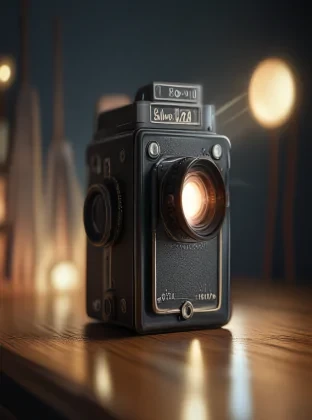 Camera flash, traditional camera, nostalgic, perfect lighting, detailed, very realistic, 8k