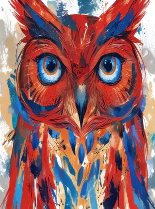An illustration of a red owl with bright blue eyes in the style of abstract expressionism
