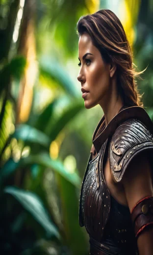 A realistically drawn (((female warrior))) standing confidently in a lush, tropical wilderness, dressed in sleek, functional leather armor, her face set in resolve, amidst a vibrant jungle backdrop