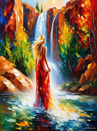 ALBI, ALESSIO, A mesmerizing scene featuring a beautiful woman with long blonde hair, bathed in the cascading waters of a desert waterfall. The surroundings are a vibrant explosion of colors, with the red rocks and green foliage painted in AFREMOV’s signature palette knife technique. The scene is full of texture and depth, with the sunlight creating a kaleidoscope of reflections and the water sparkling in a rainbow of hues