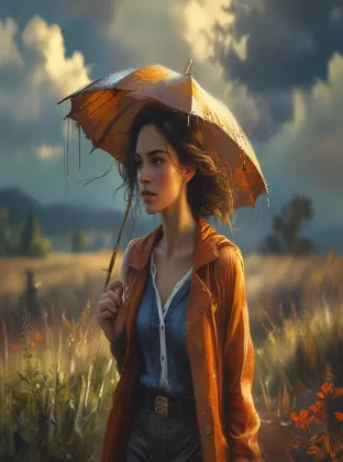 Autumm is here. Windy, light rainy, a woman with an umbrella is wandering through the landscape, atmospheric and oppressive as the sky begins to glow, energy harnessed sporadic glare a sky of emotions, Watercolor, trending on artstation, sharp focus, studio photo, intricate details, highly detailed, by greg rutkowski