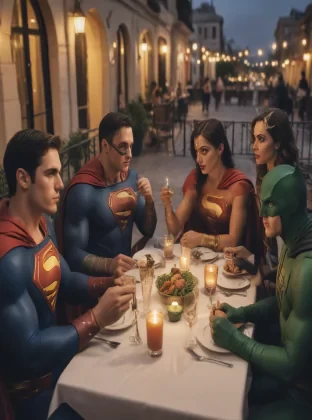 Dc superheroes having dinner on the terrace, perfect faces, perfect lighting, perfect costumes, perfect colours