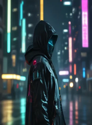 cinematic still, medium shot on ARRI Alexa 35, a lone hooded figure using chaos magic, low-key color grading, hyper-realistic pop, cyberpunk, Chicago 2087