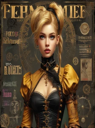 (Best Quality, Masterpiece), (steampunk theme), centered, front cover of fashion magazine, concept art, design, magazine design, 1girl, cute, blonde ponytail hair, gothic steampunk dress, model pose, (epic composition, epic proportion), vibrant color, text, diagrams, advertisements, magazine title, typography,