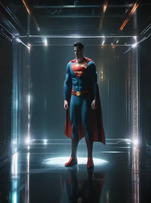 a man in a superman suit standing in a dark room, a hologram by Zack Snyder, featured on cg society, superflat, reimagined by industrial light and magic, dc comics, anamorphic lens flare