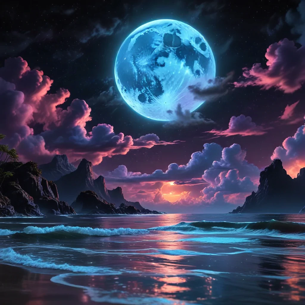 neon light art, in the dark of night,  moonlit seas, clouds, moon, stars, colorful, detailed, 4k, ultra hd, realistic, vivid colors, highly detailed, UHD drawing, pen and ink, perfect composition, beautiful detailed intricate insanely detailed octane render trending on artstation, 8k artistic photography, photorealistic concept art, soft natural volumetric cinematic perfect light