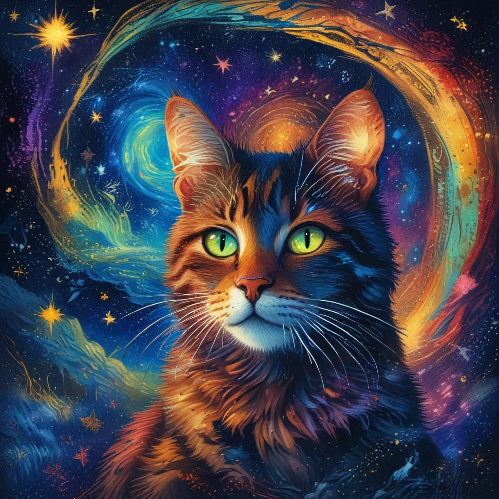 Generate an awe-inspiring and surreal digital painting of a mystical cat adorned with intricate patterns, floating amidst a swirling vortex of vibrant colors and shimmering stars. Capture the essence of Van Gogh's "Starry Night," with bold brushstrokes and a dreamy, otherworldly atmosphere.