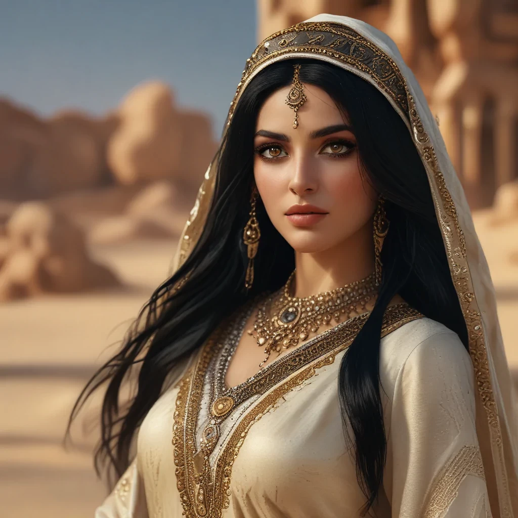 Queen of Arabia, utter beauty, long black hair, black eyes, realistic, 8k, bright