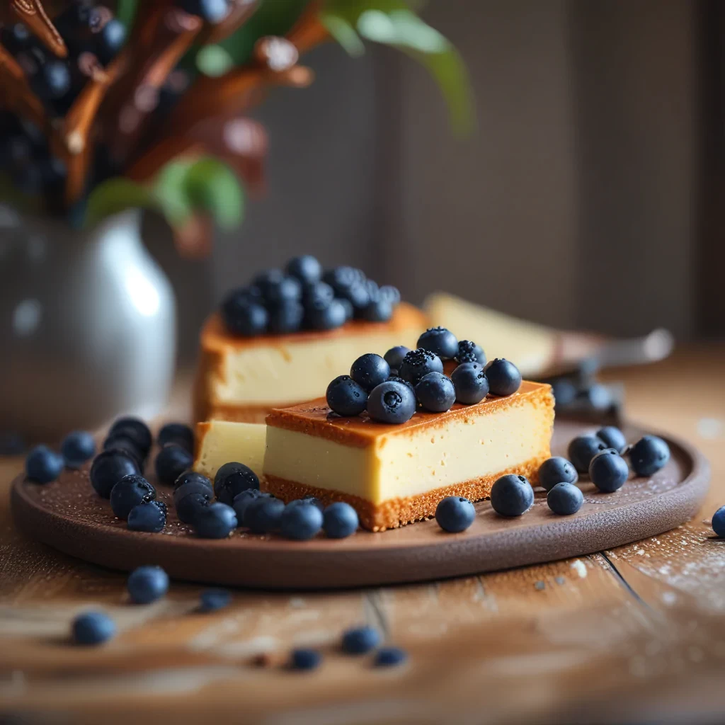 food photography, cheese cake, blueberries, cinnamon, in a luxurious Michelin kitchen style, depth of field, ultra detailed, uplight, natural features --q 25