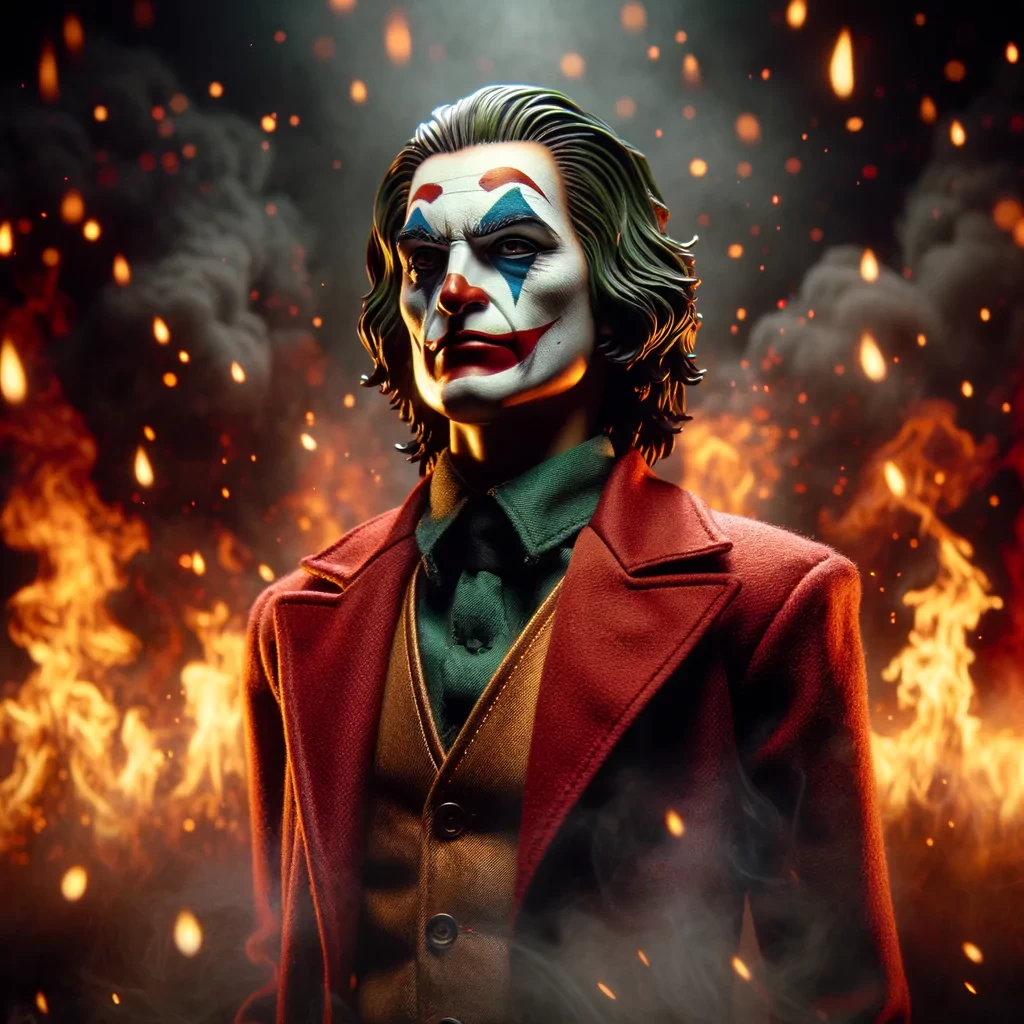 dark and gloomy, a full body photo of Heath Ledger as the joker, the flames behind him , lifelike texture, dynamic composition, Fujifilm XT2, 85mm F1.2, 1/80 shutter speed, (bokeh), high contrast, cinematic, movie still, 8K