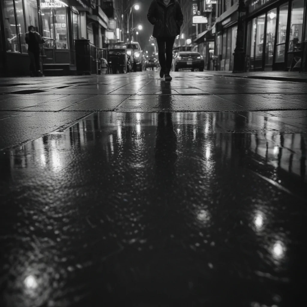 Black and white street photography of a rainy night in New York, reflections on wet pavement