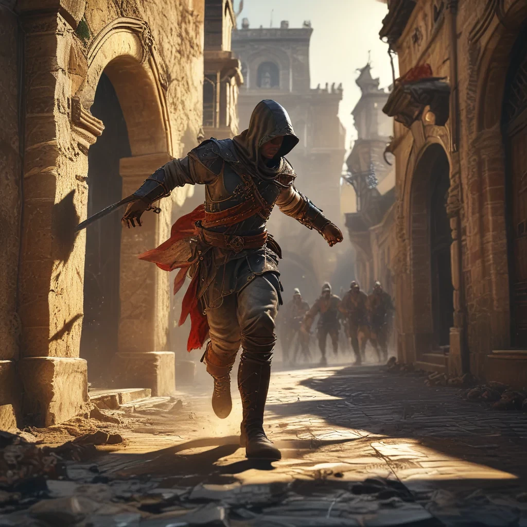 A valiant Assassin's Creed character, dressed in iconic stealth attire with a hidden blade and hood, engaged in an intense battle in ancient Spain. The scene is set amidst historic Spanish architecture with stone buildings, arches, and cobblestone streets. The character is dynamically posed in mid-action, dodging an attack while countering with a swift strike. The background showcases a dramatic sunset casting long shadows and highlighting the intricate details of the period-specific environment. Spanish soldiers in traditional armor are visible, adding to the chaos and intensity of the fight. The image is highly detailed, vibrant, and dramatic, capturing the essence of ancient Spain and the epic nature of the battle