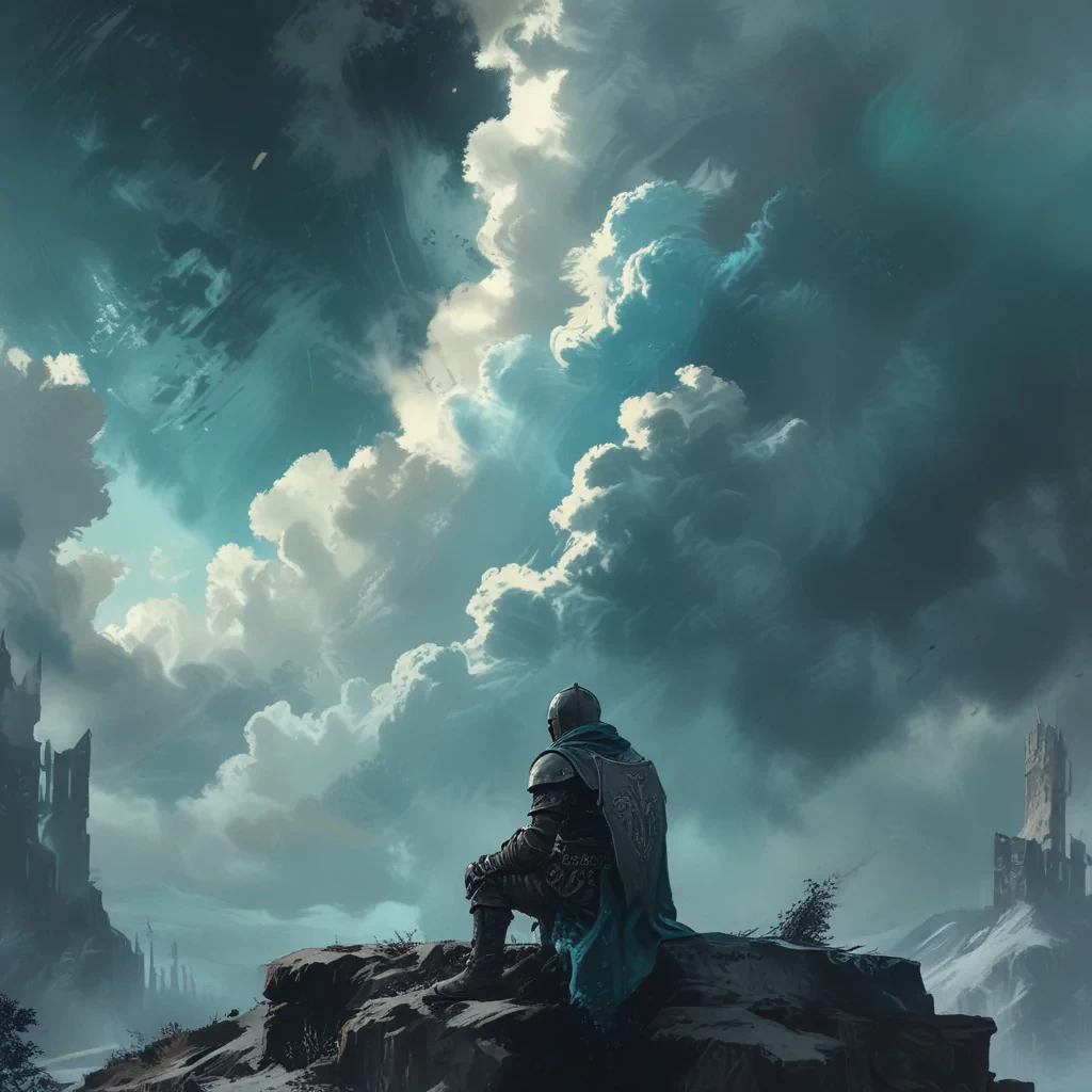 a painting of a knight sitting outdoors, in the style of dark sky-blue and light cyan, ethereal, dreamlike quality, ps1 graphics, lith printing, atmospheric clouds, frostpunk, comic art --ar 24:41 --stylize 750 --v 6