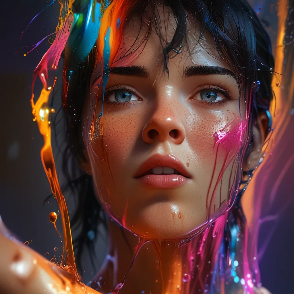 A reality distortion,Hyperrealistic, splash art, concept art, mid shot, intricately detailed, color depth, dramatic, 2/3 full female face and body angle, side light, colorful background objects warping, melting, float, bend, twist, and stretch, Sharp image, 4k, 8k,, Detailed and Intricate, Cinematic, Dynamic Lighting
