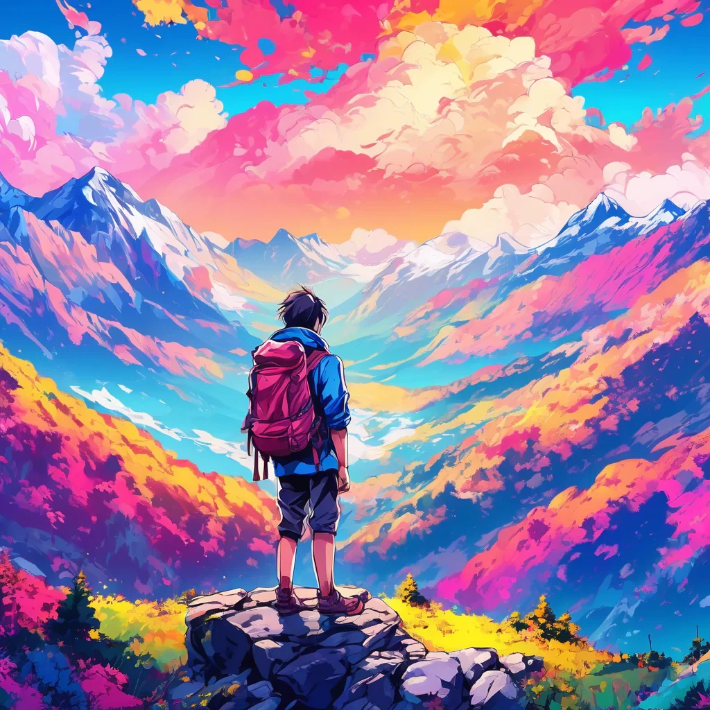 person with backpack standing on top of mountain, in the style of vibrant palette, anime art, 32k uhd, painted illustrations, high resolution
