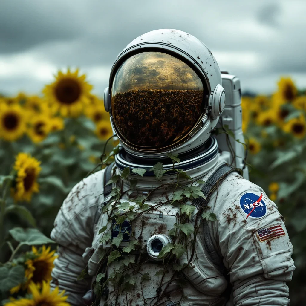 A photo of an astronaut with a mirrored helmet standing in a field of sunflowers. The spacesuit has a NASA logo on it. The astronaut is covered in dirt and has vines wrapped around his body. The sky is dark and cloudy.