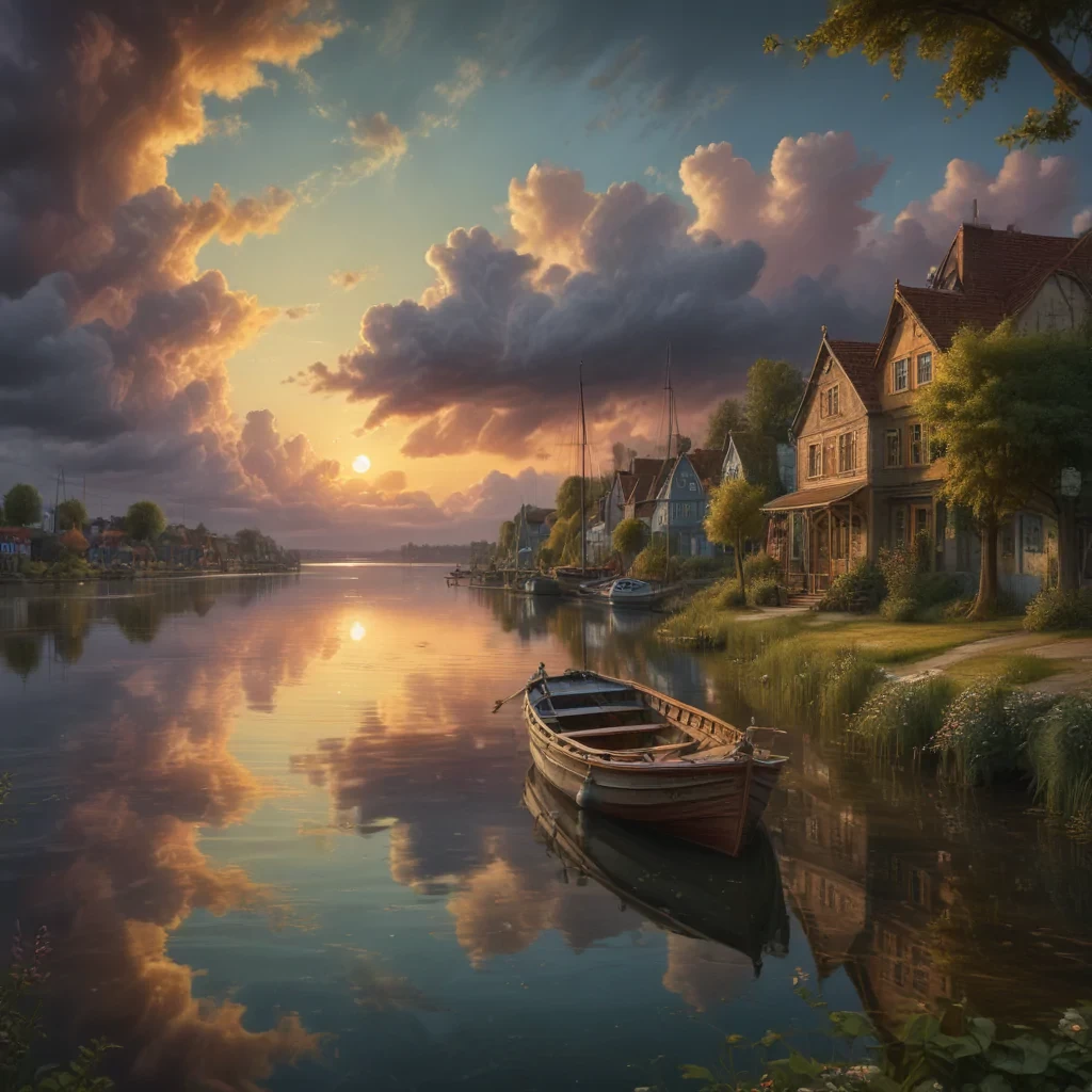 At the end of summer the boat in the water, in the style of hyperrealistic cityscapes, Dutch landscape, dramatic skies, digital painting and drawing, majestic ports, mixed Josephine Wall and Andy Kehoe