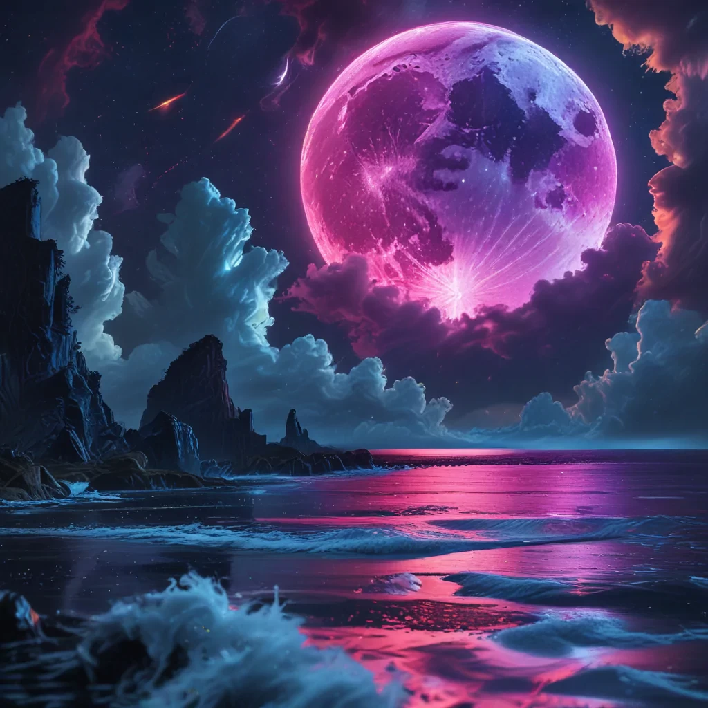 neon light art, in the dark of night,  moonlit seas, clouds, moon, stars, colorful, detailed, 4k, ultra hd, realistic, vivid colors, highly detailed, UHD drawing, pen and ink, perfect composition, beautiful detailed intricate insanely detailed octane render trending on artstation, 8k artistic photography, photorealistic concept art, soft natural volumetric cinematic perfect light