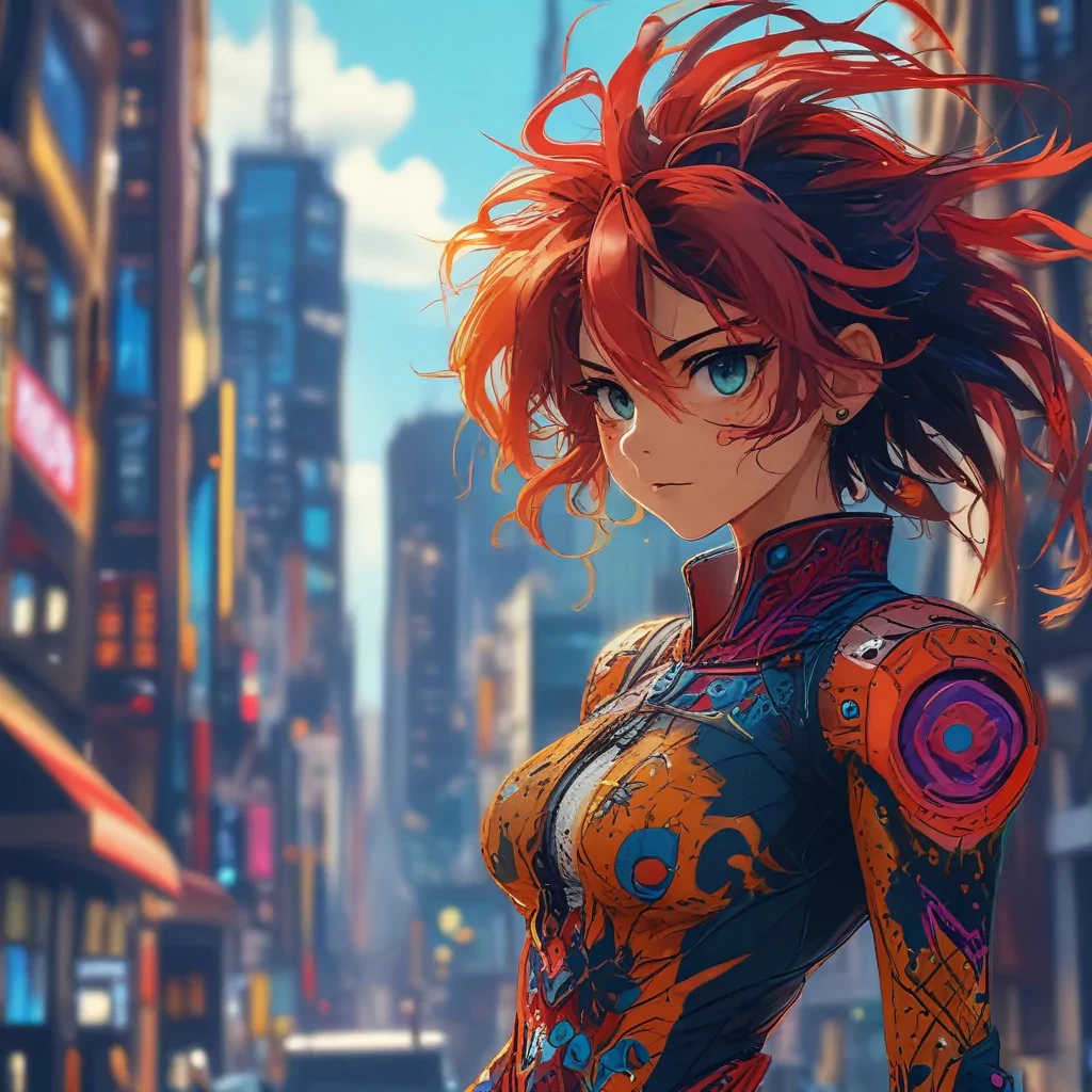 A vibrant anime character with detailed, expressive eyes, dynamic hair, intricate costume design, a lively cityscape background, bold colors, sharp lines, 4K resolution